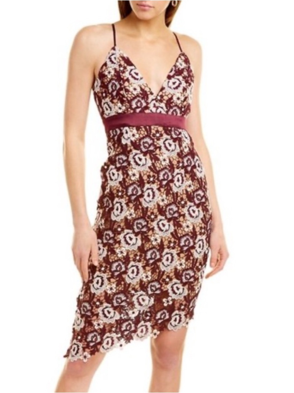 Bardot Burgundy Floral Lace Mini Dress with Cream Lace Accents